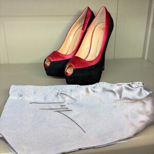 Giuseppe Zanotti Black Pink Suede and Satin Peep Toe Platform Pumps Size 38